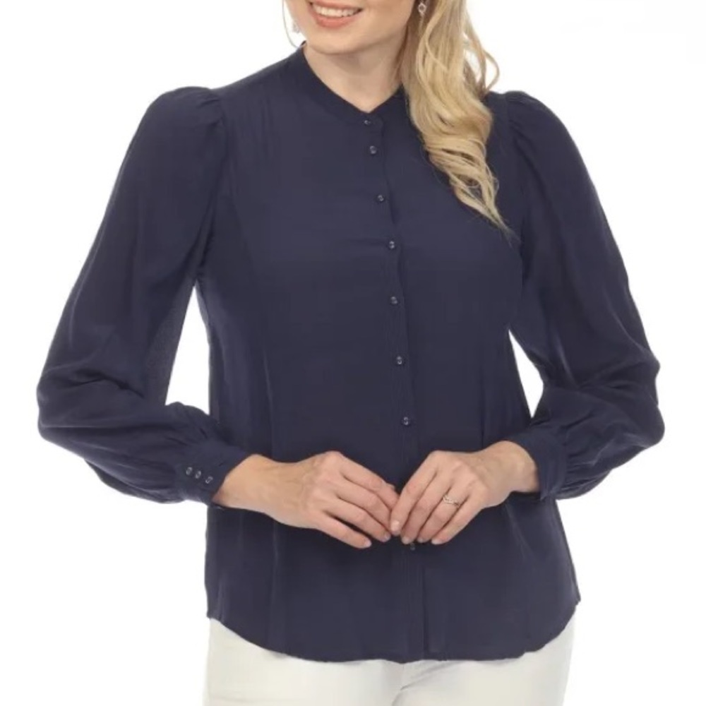 NEW! Johnny Was Rivera Button Down Silk Long Sleeve Blouse Navy Poplin Relaxed M